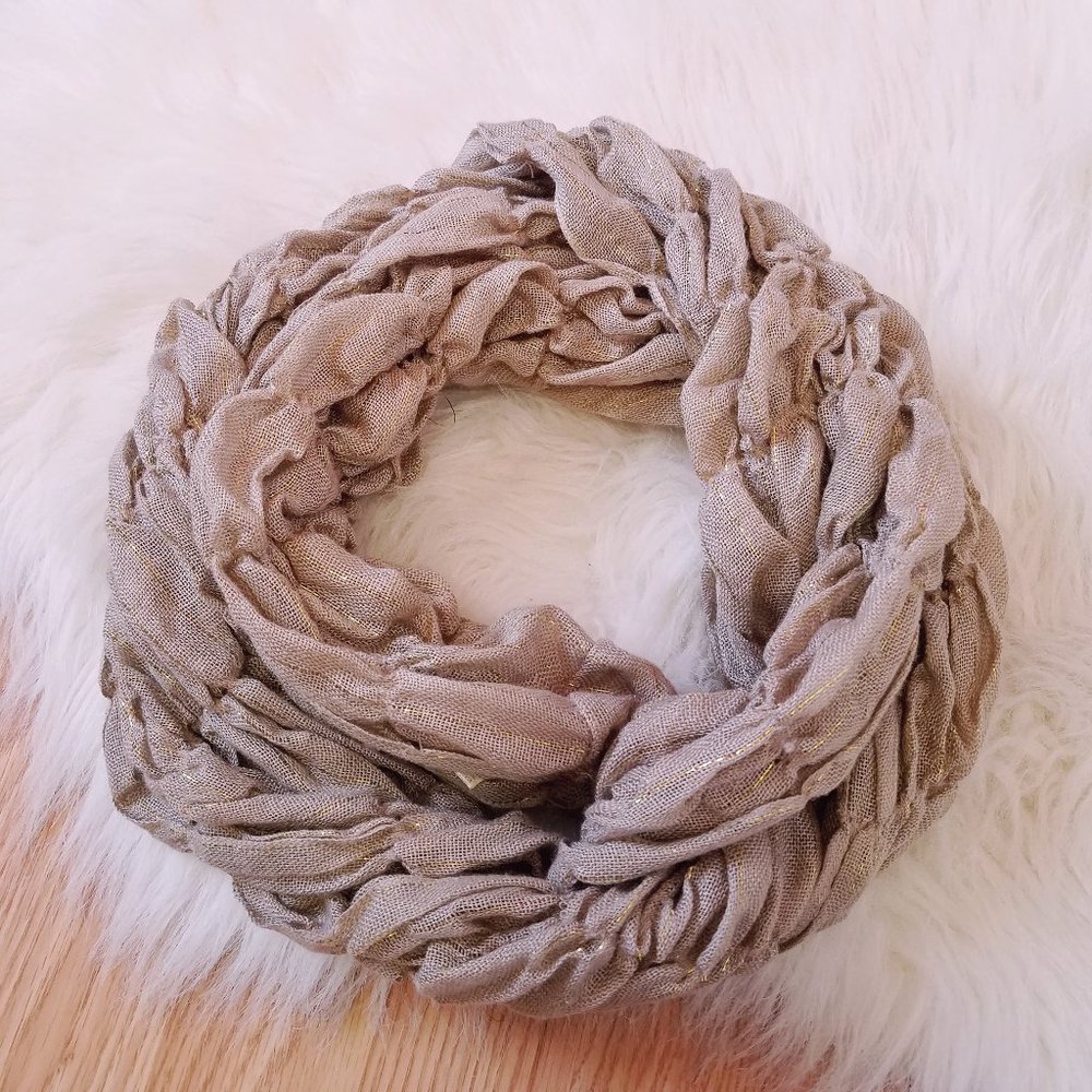 Tan & Gold Ruched Infinity Scarf